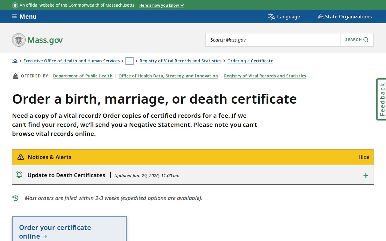 Suffolk County resident lookup Massachusetts vital record ordering instructions